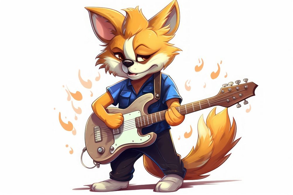 Wolf character play guitar cartoon musician performance.