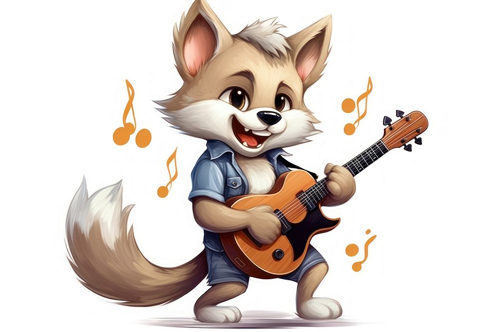Wolf character play guitar cartoon performance creativity.