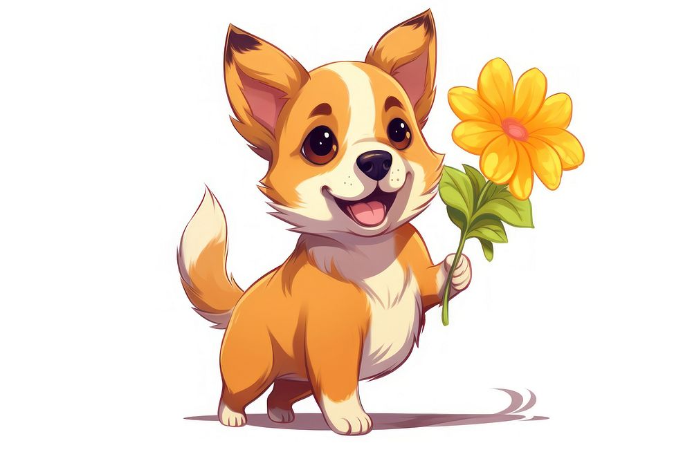 Dog character hold flower concept cartoon animal dog.