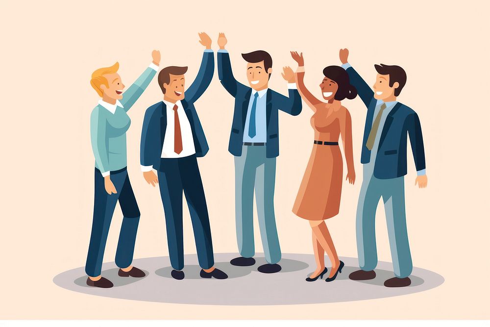 Group of people in a team giving high fives cartoon togetherness achievement.