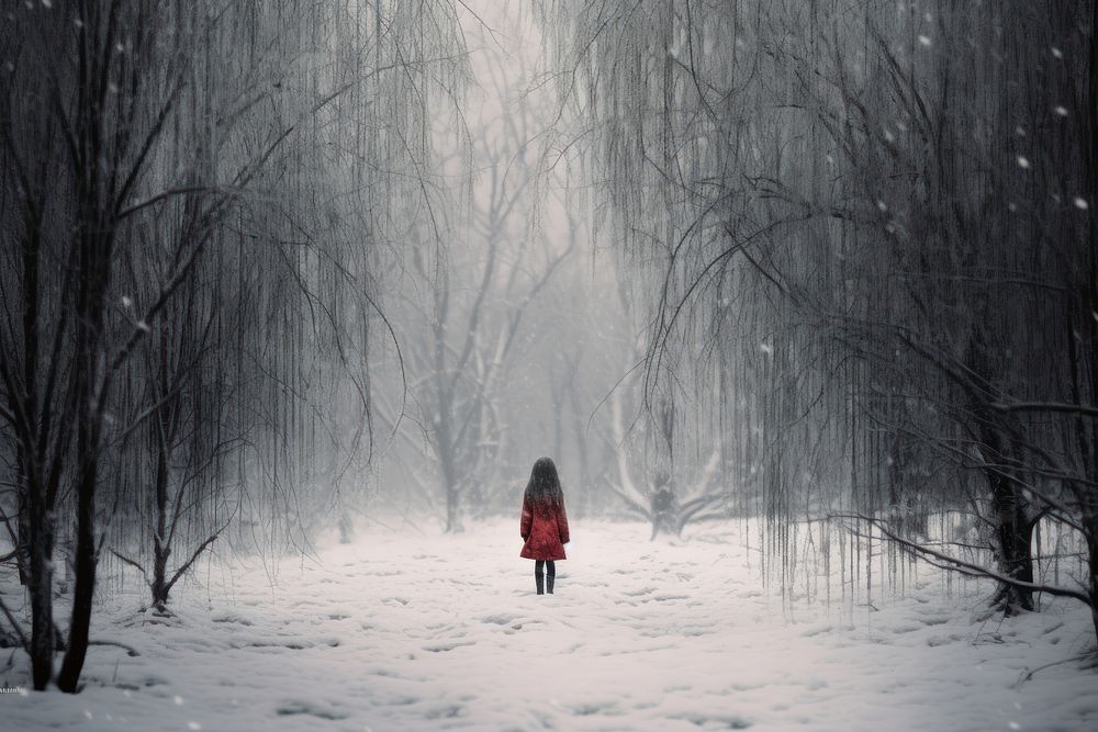 A little red cloth girl standing in the snow winter deep forest outdoors woodland walking.