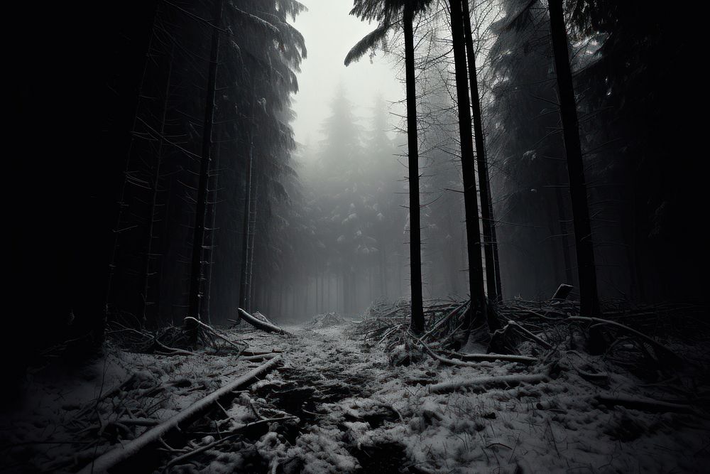 Deep dark snow forest outdoors woodland nature.