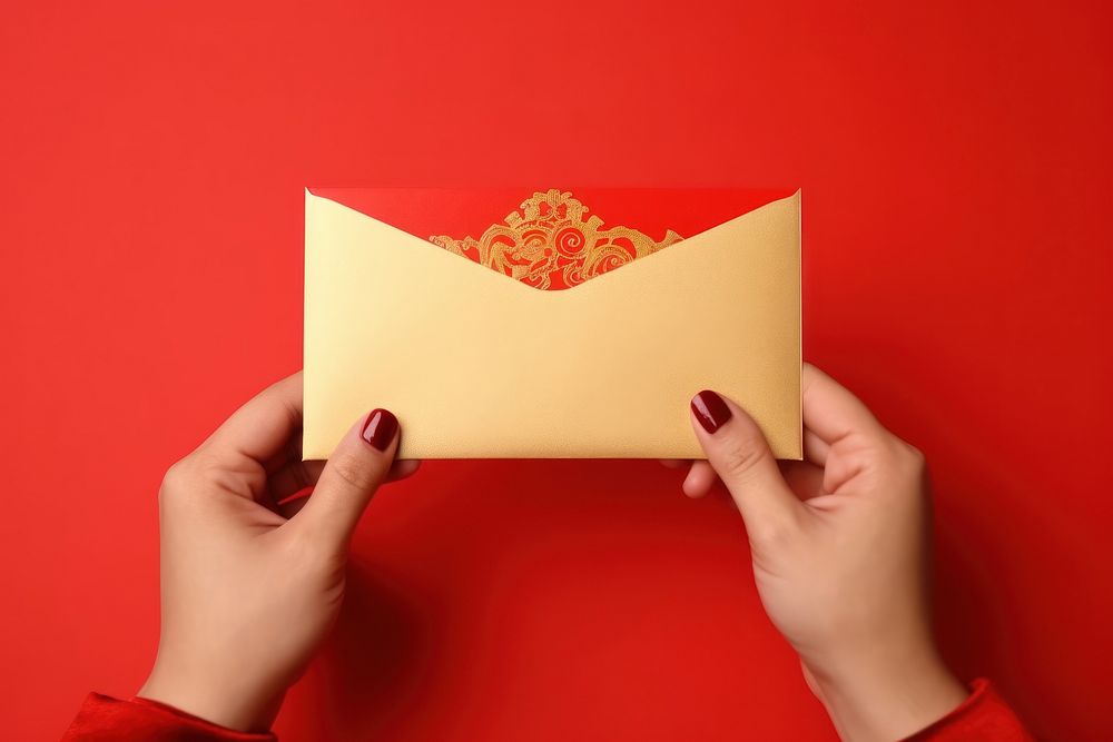 Red envelope holding paper mail.