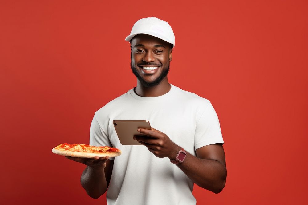 American man in white t-shirt pizza portrait holding.