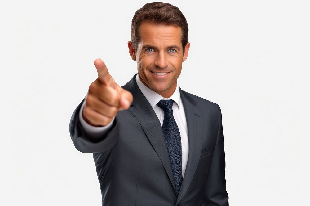 Business man and pointing to presentation portrait finger person.