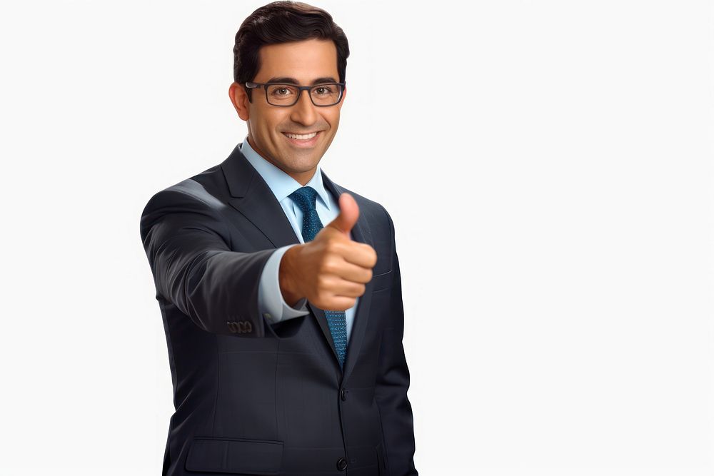 Business man and pointing to presentation portrait glasses finger.