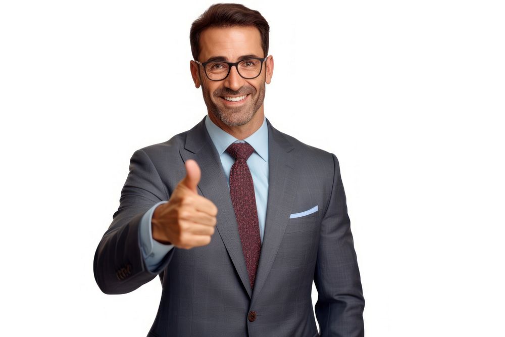 Business man and pointing to presentation portrait glasses finger.
