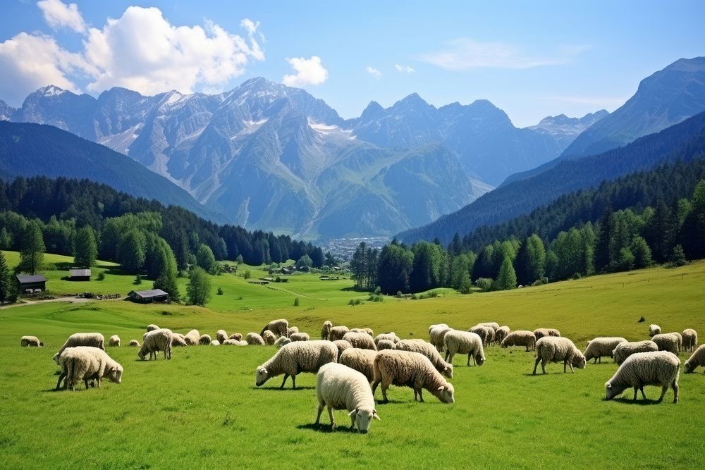Herd of sheep grazing landscape grassland livestock.