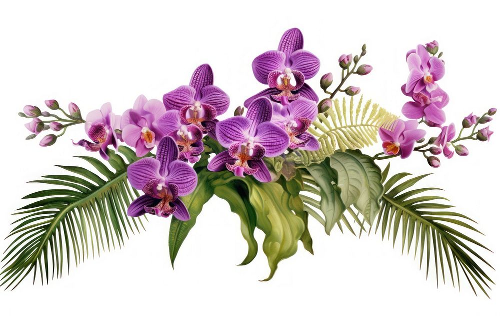 Fern and Vanda orchids flower plant white background.
