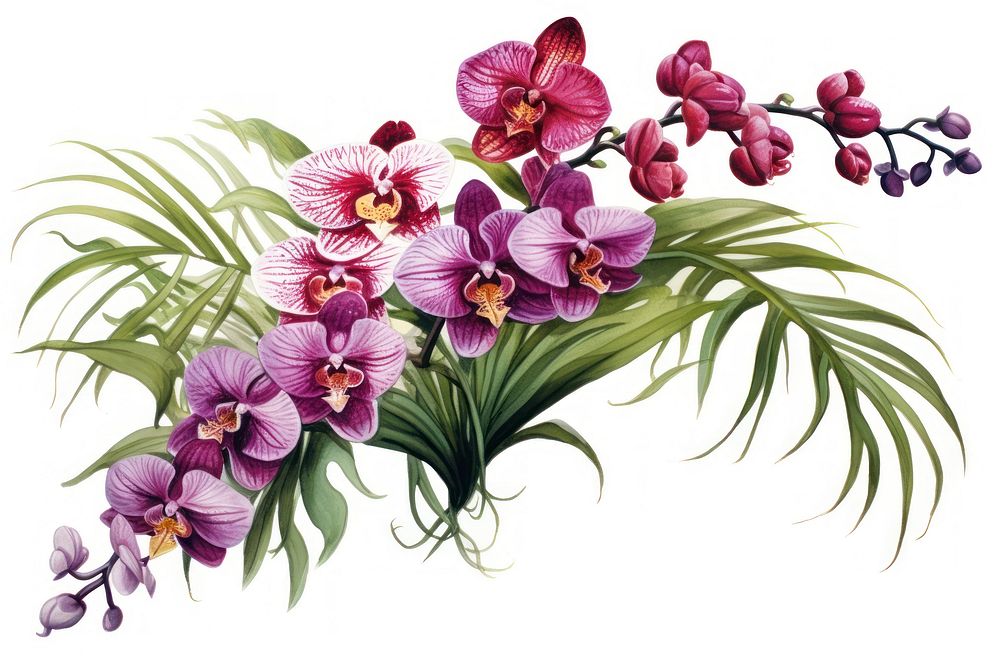Fern and Vanda orchids flower plant white background.