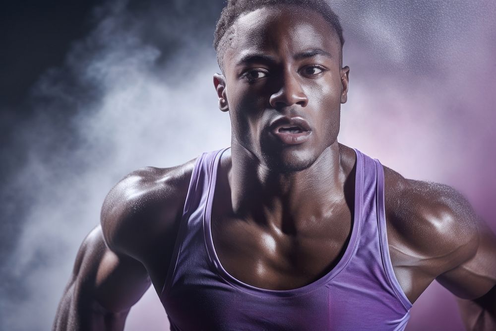 Black male athlete is running purple adult determination.