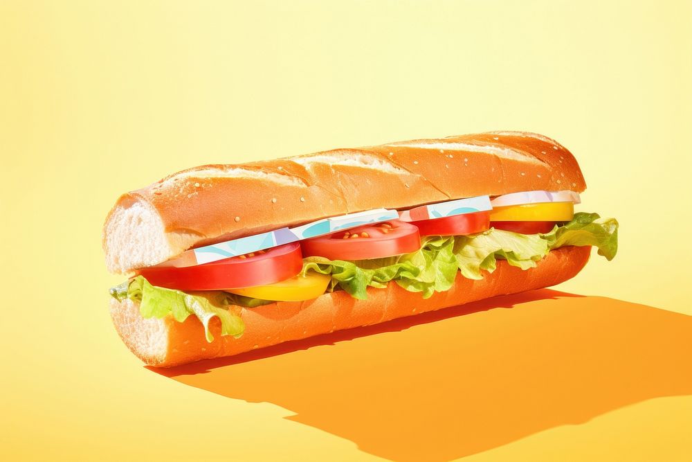 Retro collage of baguette sandwich food hamburger vegetable.