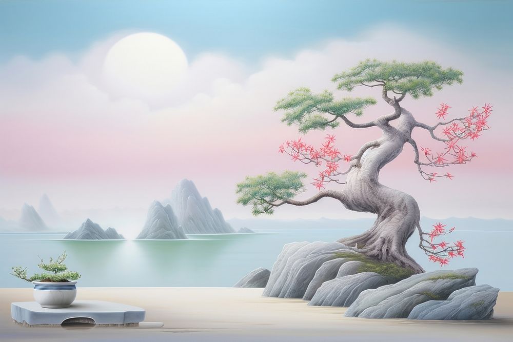 Painting of Bonsai outdoors nature bonsai.