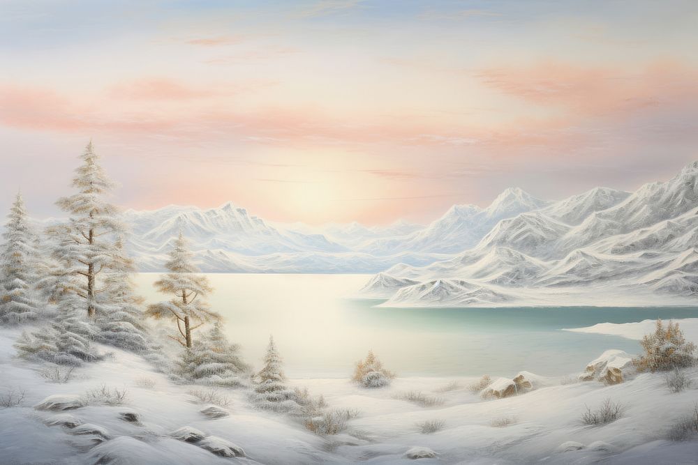 Lake painting snow landscape.