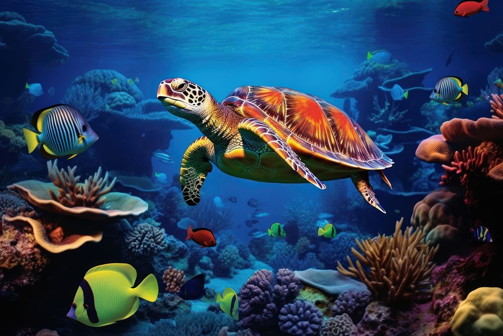 Turtle with group of colorful fish underwater animal sea.