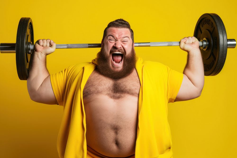 Vibrant yellow background weightlifting exercises plus size model man shouting.