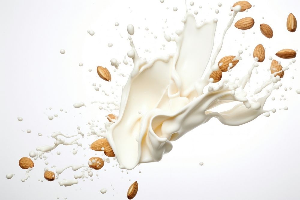 Almonds milk splash falling dairy food.