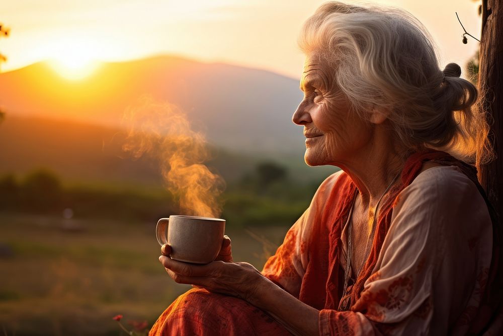 Elderly woman sunrise outdoors adult.