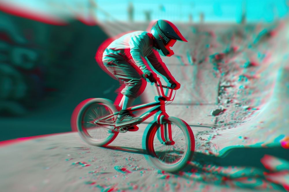 Anaglyph BMX rider cycling bicycle vehicle.