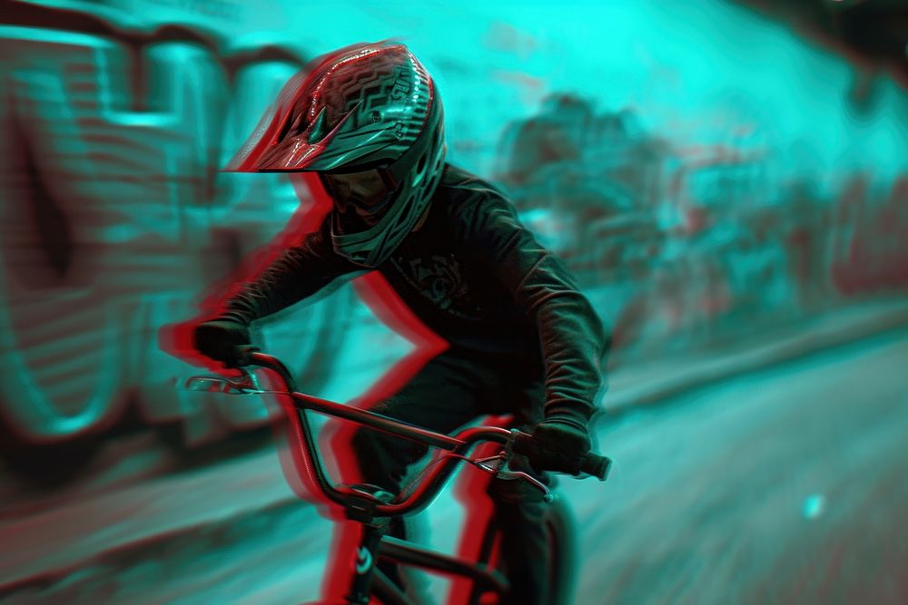 Anaglyph BMX rider bicycle vehicle cycling.