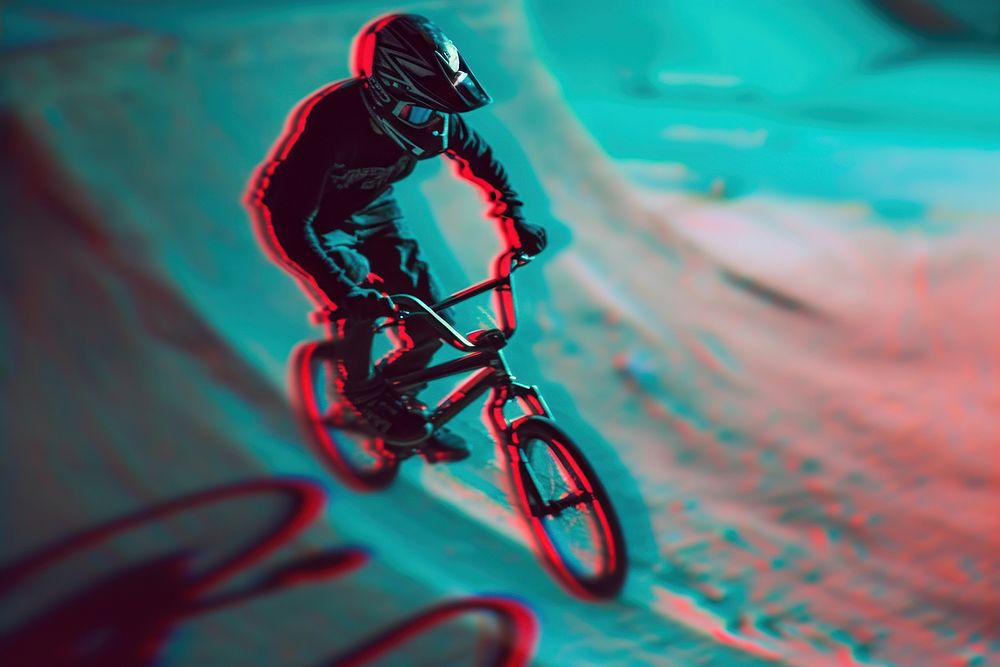 Anaglyph BMX rider cycling bicycle vehicle.