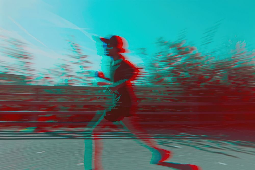 Anaglyph running outdoors red exercising.