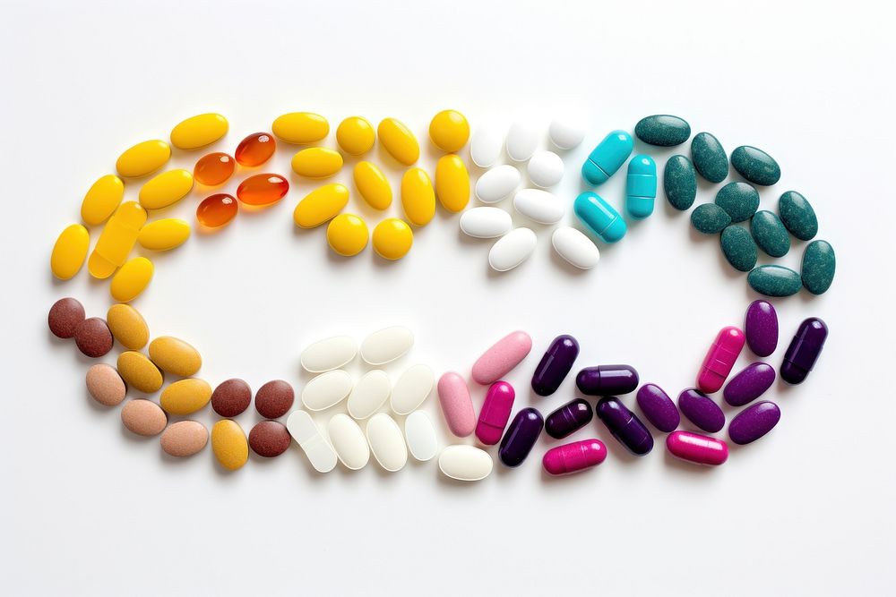 Assorted pill shapes and colors white background medication variation.