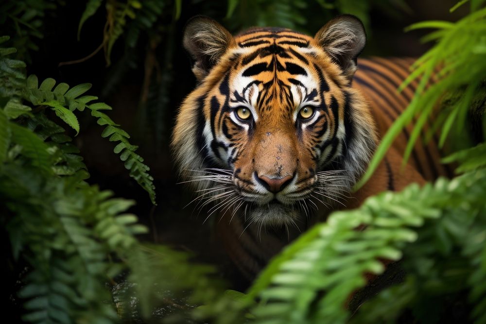 Beautiful bengal tiger with lush wildlife animal mammal.