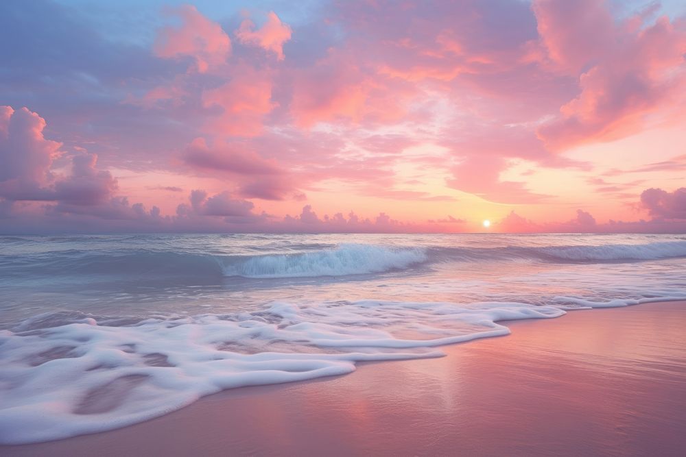Sunset over sandy beach ocean sky outdoors.