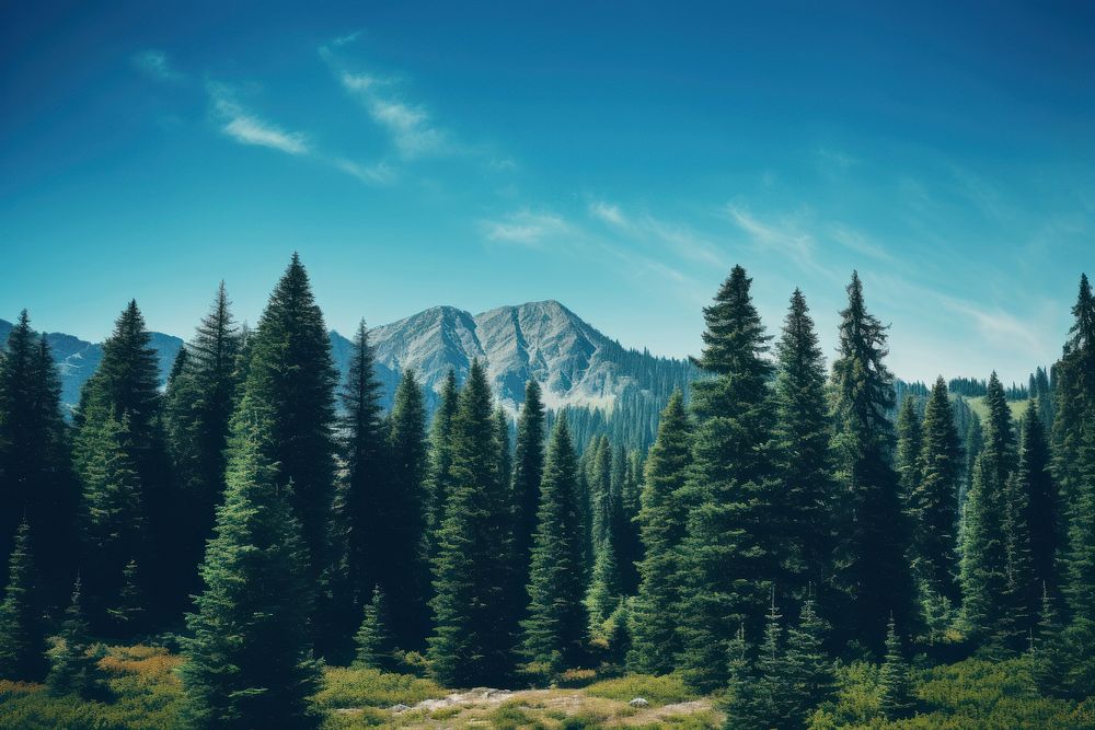 Pine trees landscape panoramic mountain.