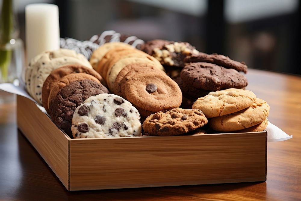 Box of assorted cookies bread table food.