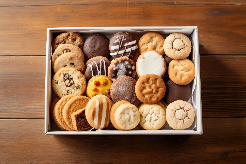 Box of assorted cookies table food wood.