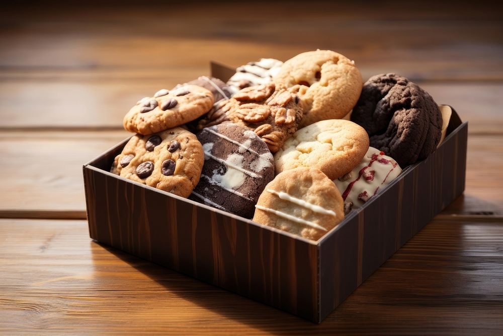 Box of assorted cookies box table food.