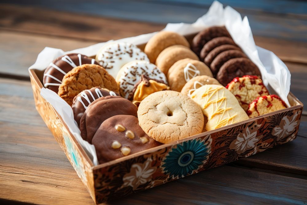 Box of assorted cookies table food wood.