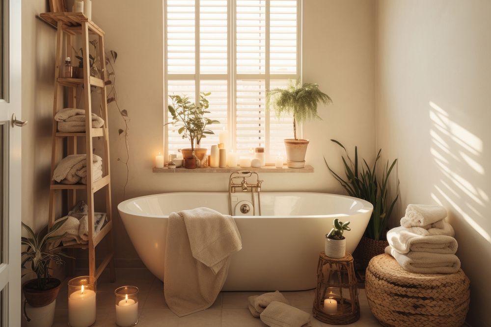 Essential oils filled inside cozy bright bathroom bathtub architecture houseplant.