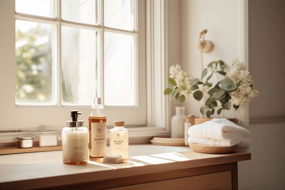 Essential oils filled inside cozy bright bathroom windowsill perfume bottle.