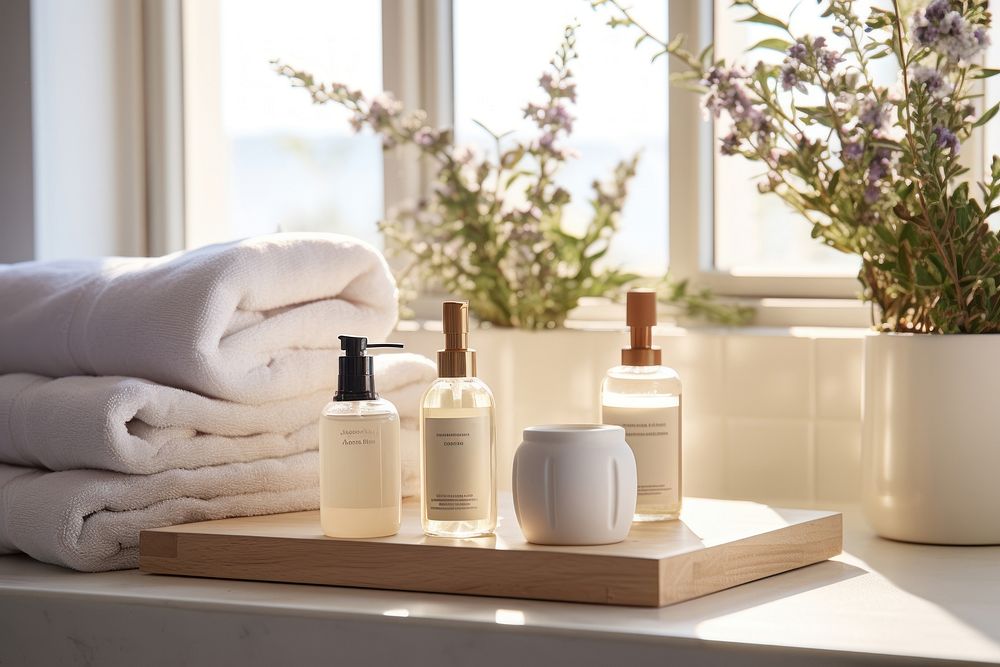 Essential oils filled inside cozy bright bathroom perfume bottle windowsill.