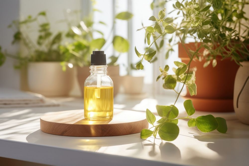 Essential oils filled inside cozy bright bathroom perfume bottle plant.