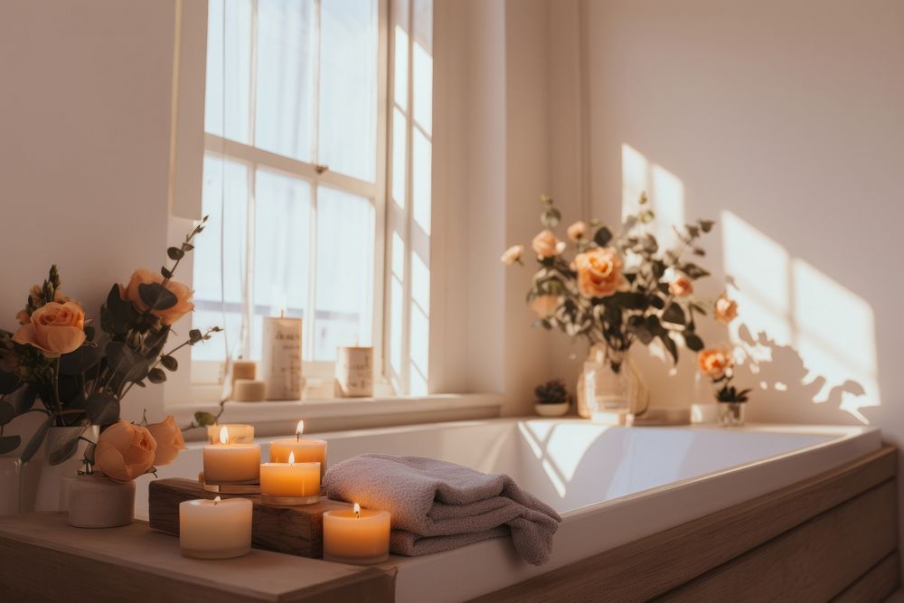Essential oils filled inside cozy bright bathroom windowsill candle flower.
