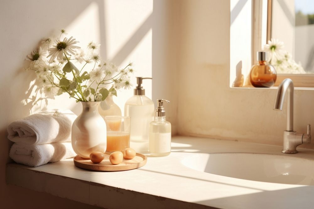 Essential oils filled inside cozy bright bathroom windowsill container freshness.