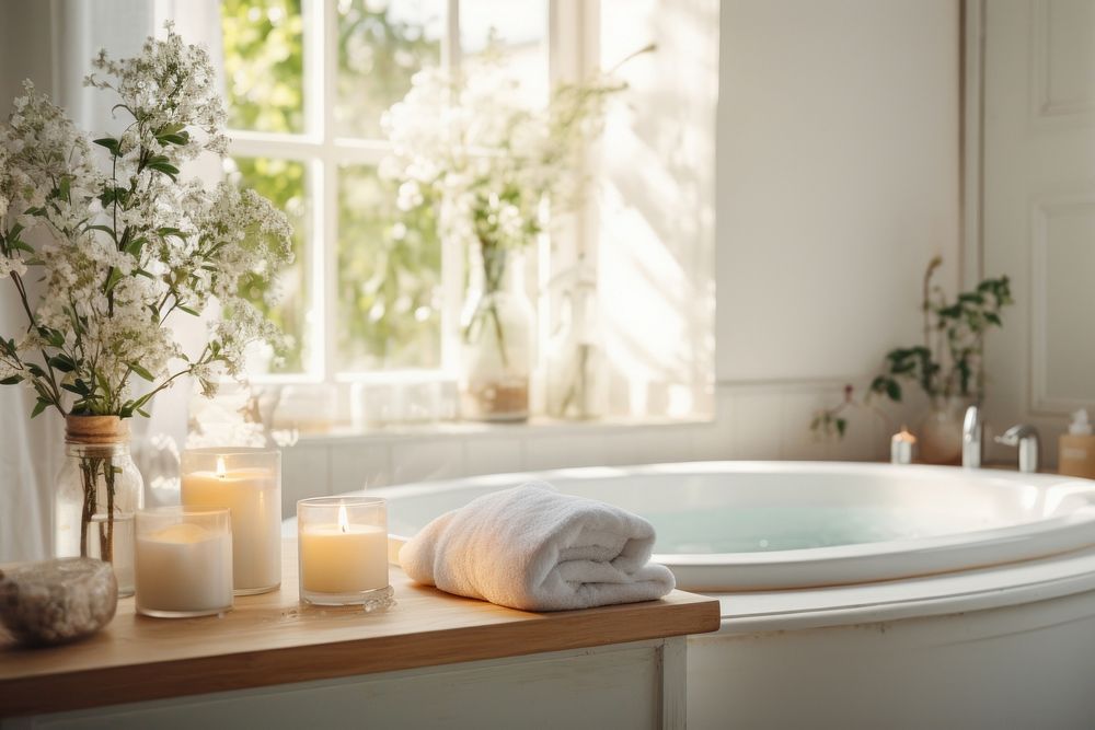 Essential oils filled inside cozy bright bathroom bathtub jacuzzi candle.