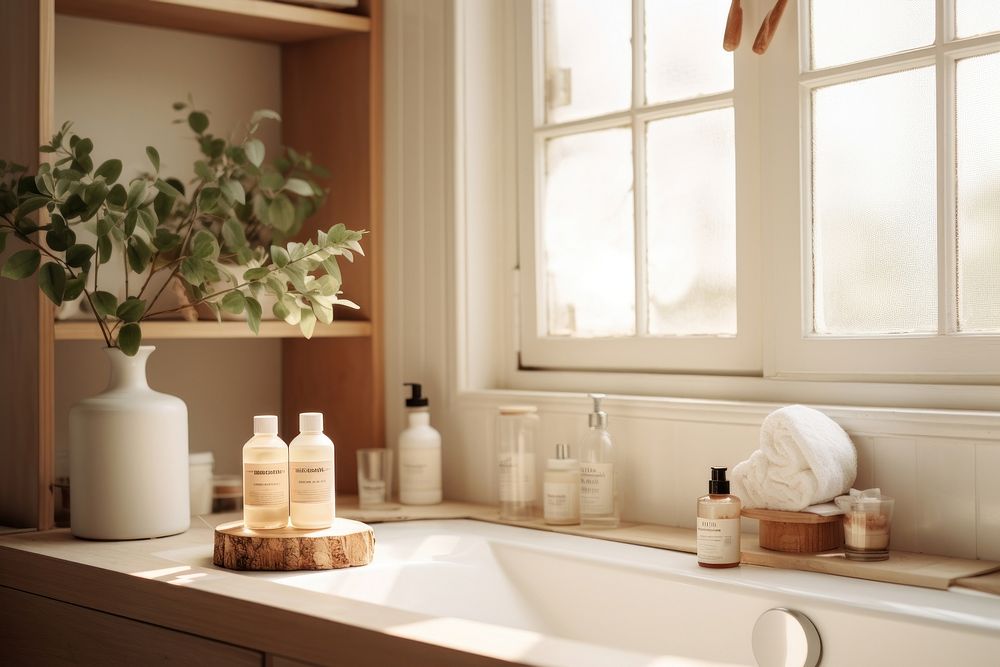 Essential oils filled inside cozy bright bathroom windowsill plant toothbrush.