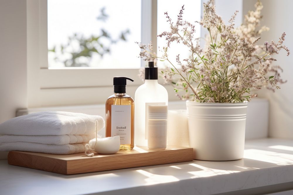 Essential oils filled inside cozy bright bathroom plant windowsill container.