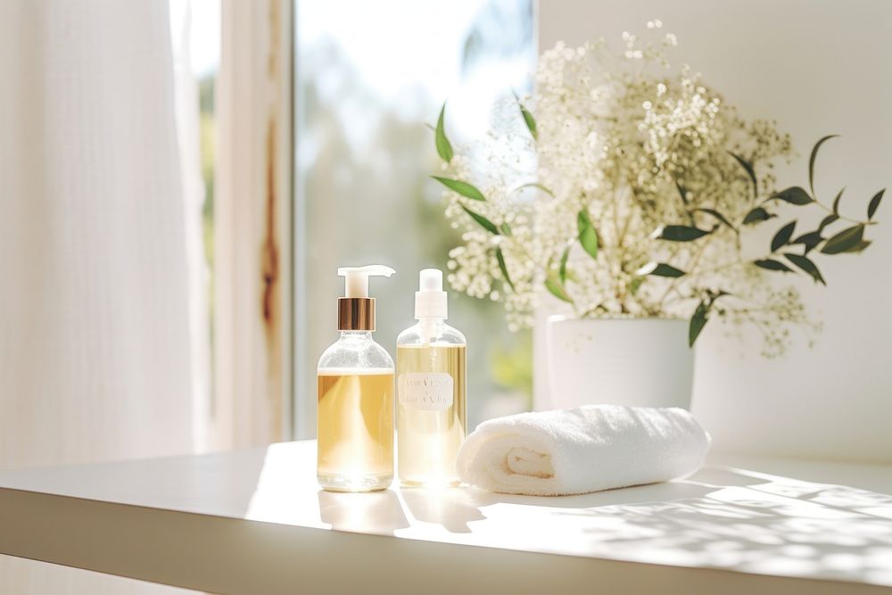 Essential oils filled inside cozy bright bathroom perfume bottle window.