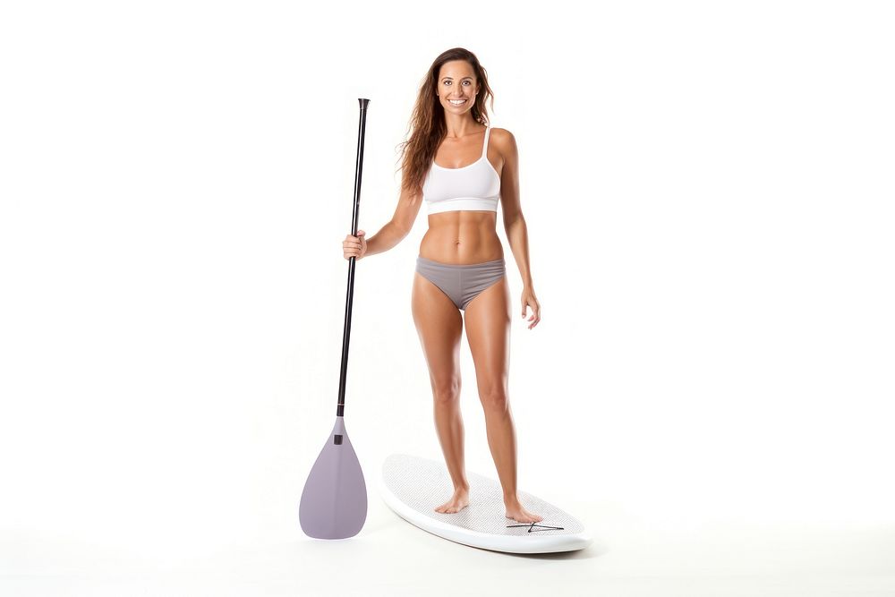 Woman with paddle on SUP board oars standing portrait.