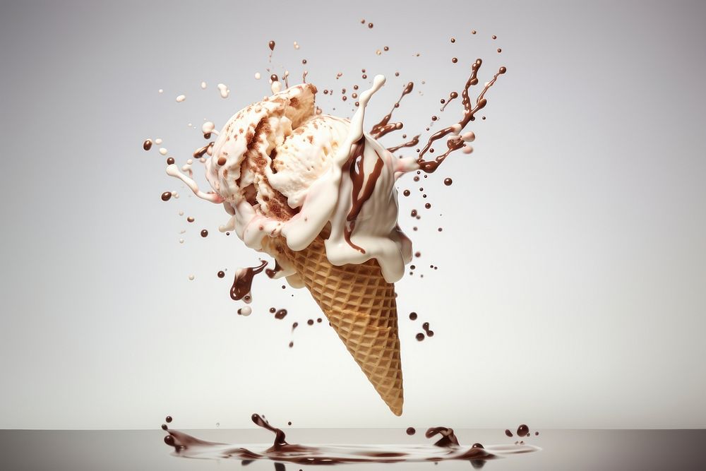 Ice cream cone with splash dessert food chocolate.