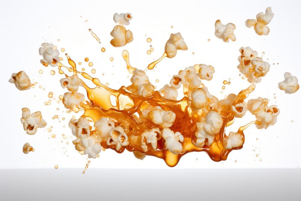 Popcorn with splash falling food white background.