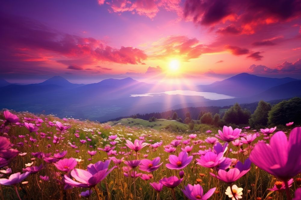 Sky sunset and green hill mountains flower meadow landscape.