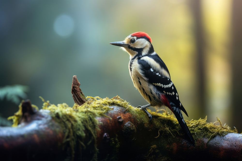 Spotted woodpecker on branch animal forest bird.