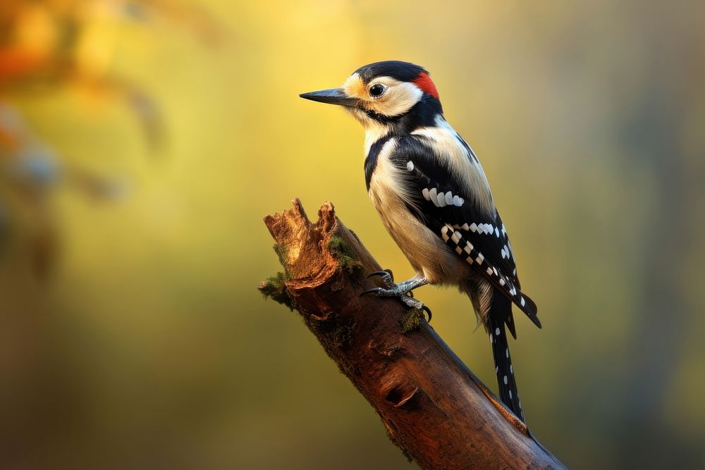 Spotted woodpecker on branch animal bird beak.